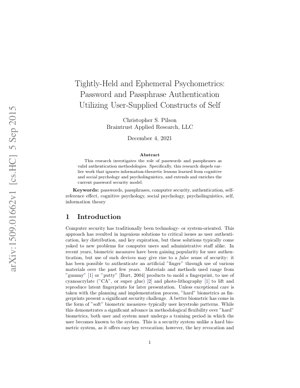 Couverture du document PDF - Psychométrie étroitement détenue et éphémère : Authentification par mot de passe et phrase de passe utilisant des constructions de soi fournies par l'utilisateur